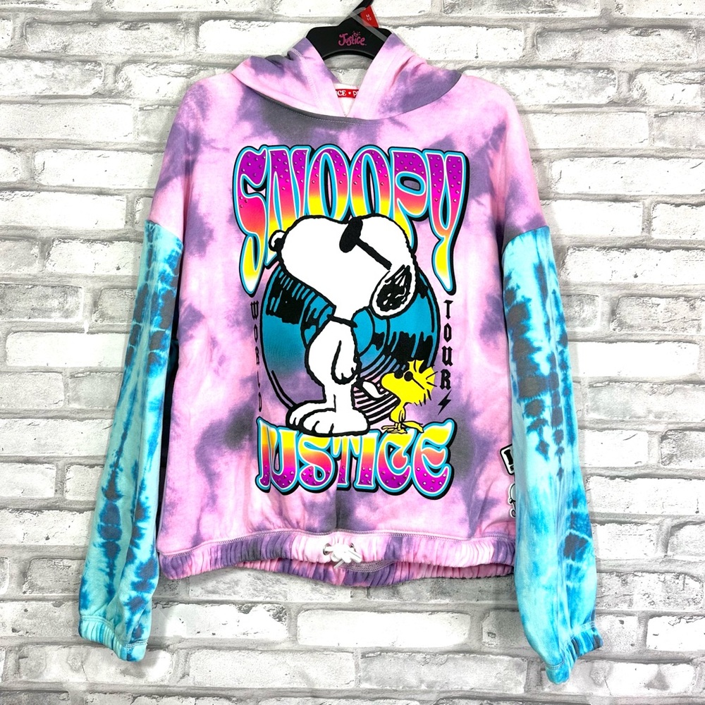 Justice Girls Snoopy World Tour Pink Blue Tie Dye Long Sleeve Hooded Sweatshirt